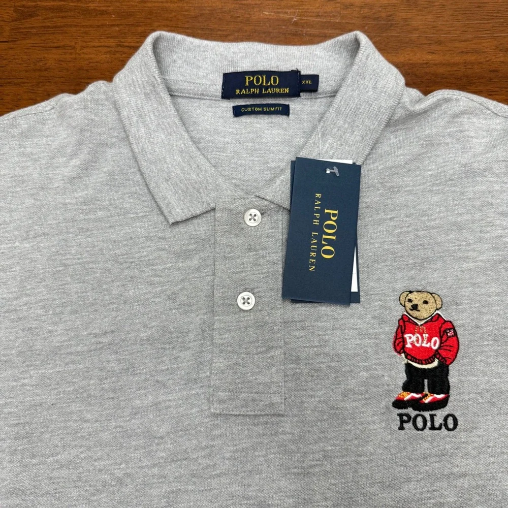 Polo Ralph Lauren Polo Shirt Mens XXL Grey Custom Slim Fit Embroidered Polo Bear